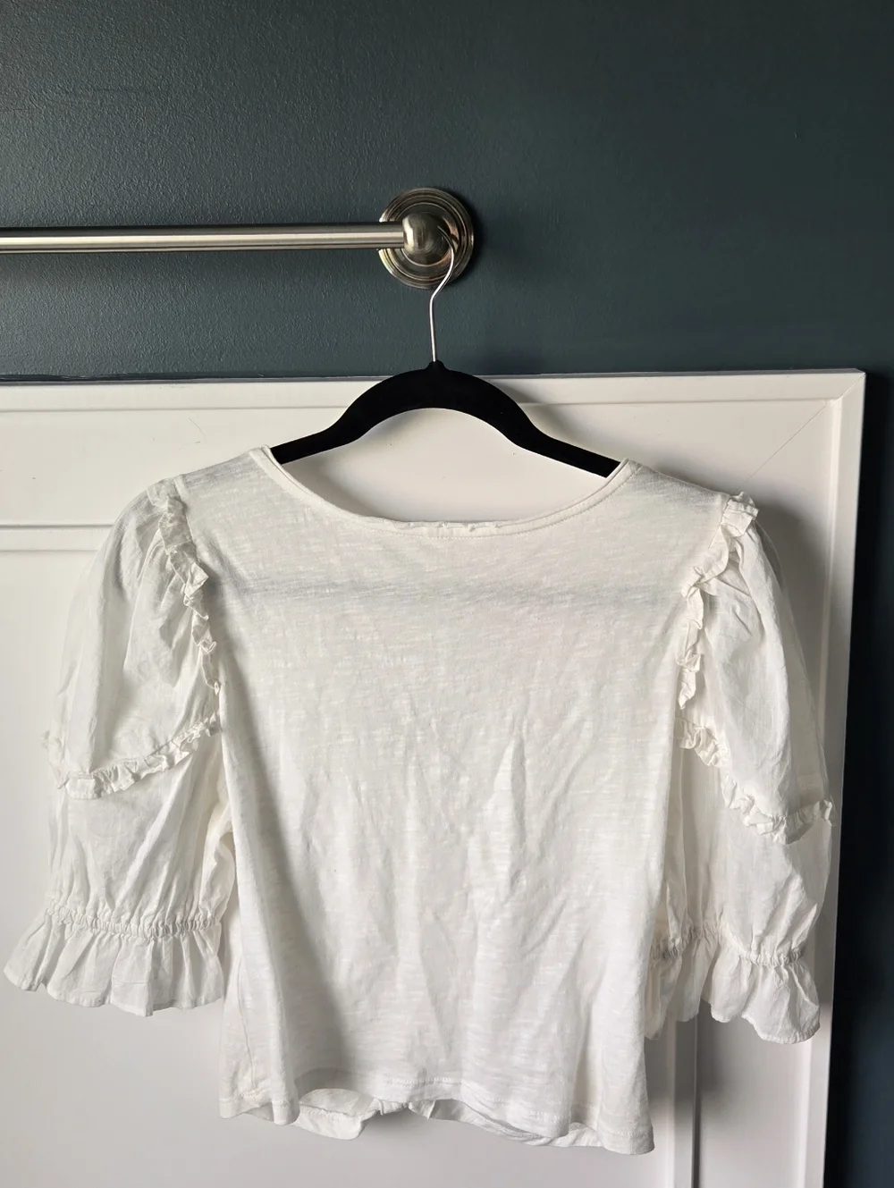 Anthropologie White Ruched V-Neck Puff Sleeve Blouse